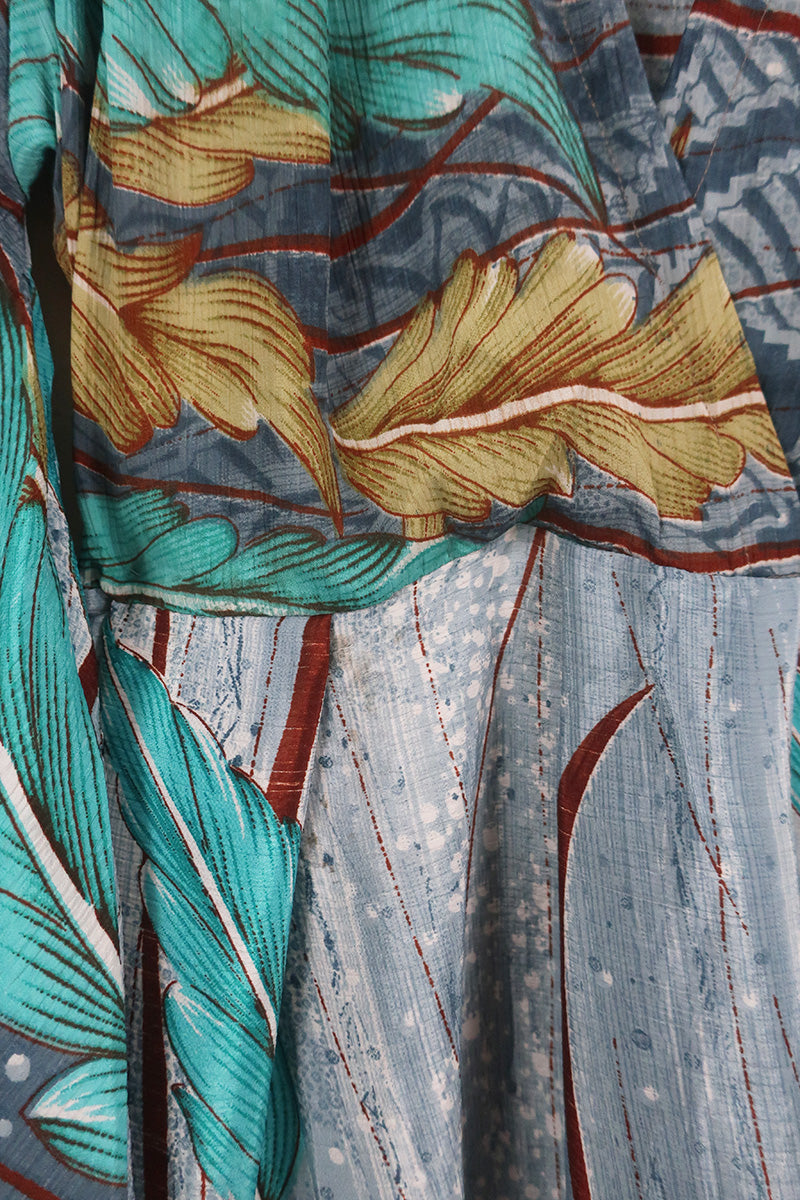 Fleur Bell Sleeve Maxi Dress - Grey Oceanic Plants - Vintage Sari - S - M/L