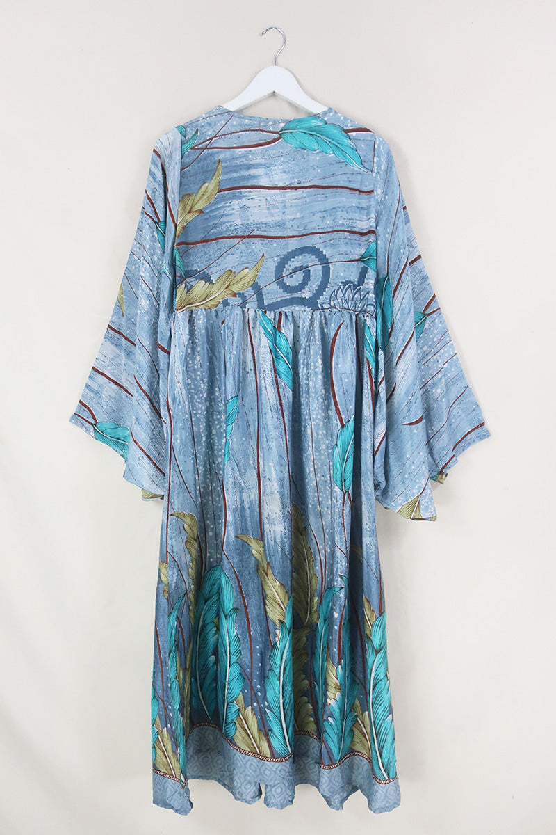 Fleur Bell Sleeve Maxi Dress - Grey Oceanic Plants - Vintage Sari - S - M/L By All About Audrey