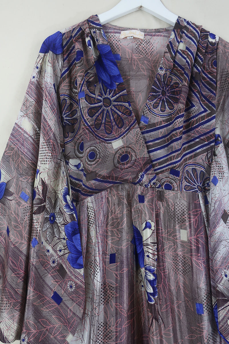 Fleur Bell Sleeve Midi Dress - Bold Amethyst, Mauve & Mocha Floral - Vintage Sari - S - M/L By All About Audrey