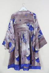 Fleur Bell Sleeve Midi Dress - Bold Amethyst, Mauve & Mocha Floral - Vintage Sari - S - M/L By All About Audrey
