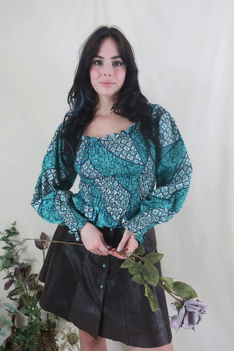 Pearl Top - Vintage Sari - Aqua Jade Geometric - XS - S By All About Audrey