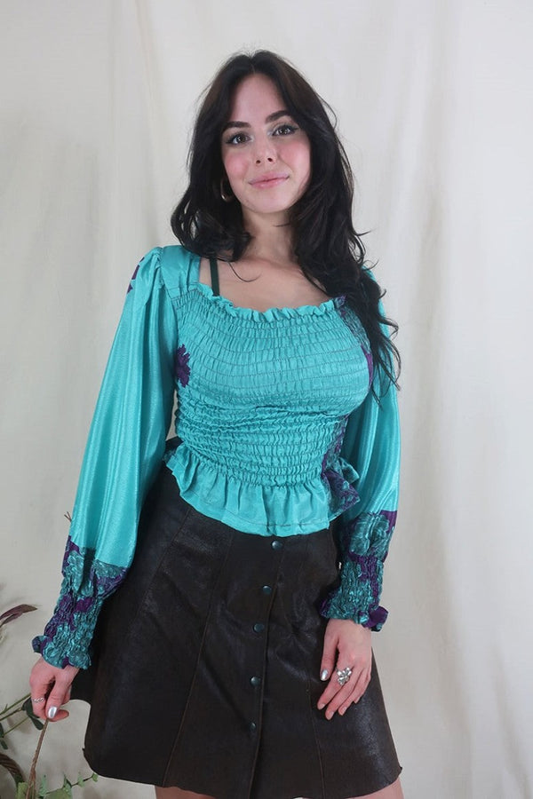 Pearl Top - Vintage Sari - Soft Turquoise & Violet Floral - XS - S By All About Audrey