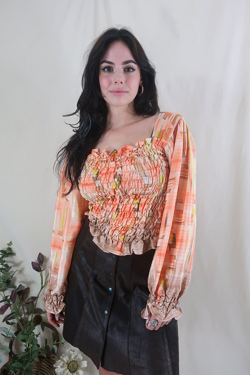 Pearl Top - Vintage Sari - Stained Glass Coral Orange - S - M/L By All About Audrey