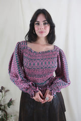 Pearl Top - Vintage Sari - Rosehip Pink & Jade Tile Print - XS - S By All About Audrey