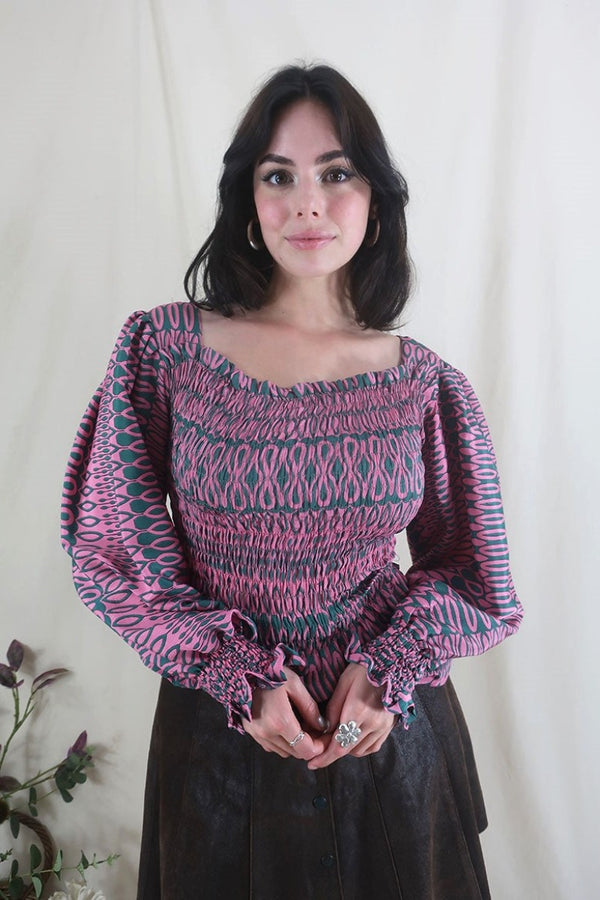 Pearl Top - Vintage Sari - Rosehip Pink & Jade Tile Print - XS - S By All About Audrey