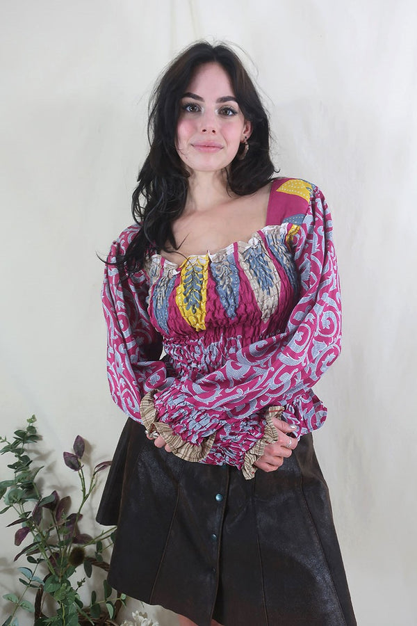Pearl Top - Vintage Sari - Candy Pink & Stone Vines - S - M/L By All About Audrey