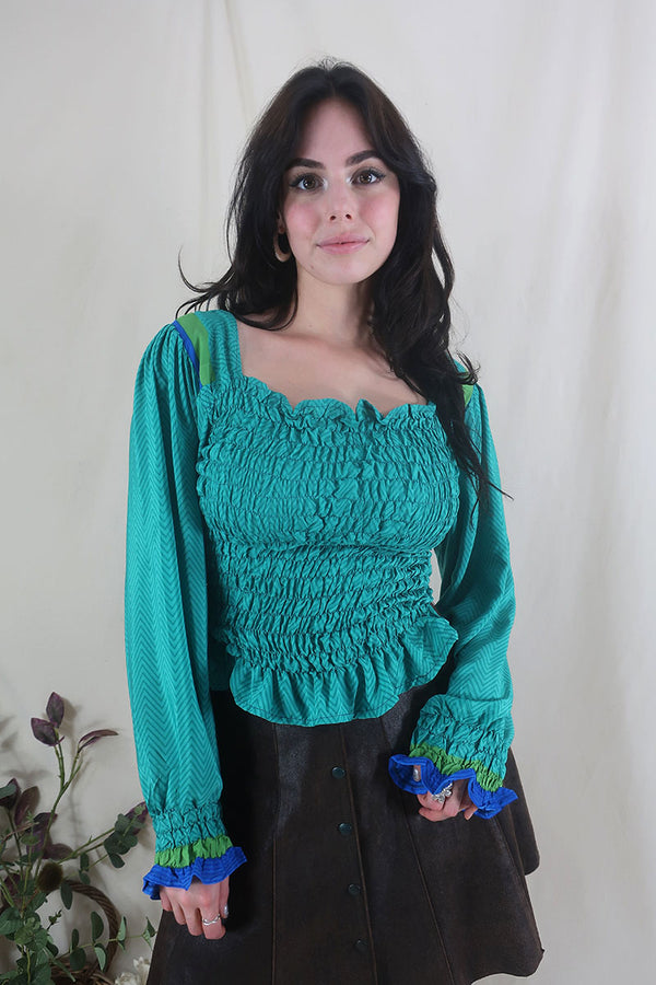 Pearl Top - Vintage Sari - Jade Green Chevron - S - M/L All About Audrey