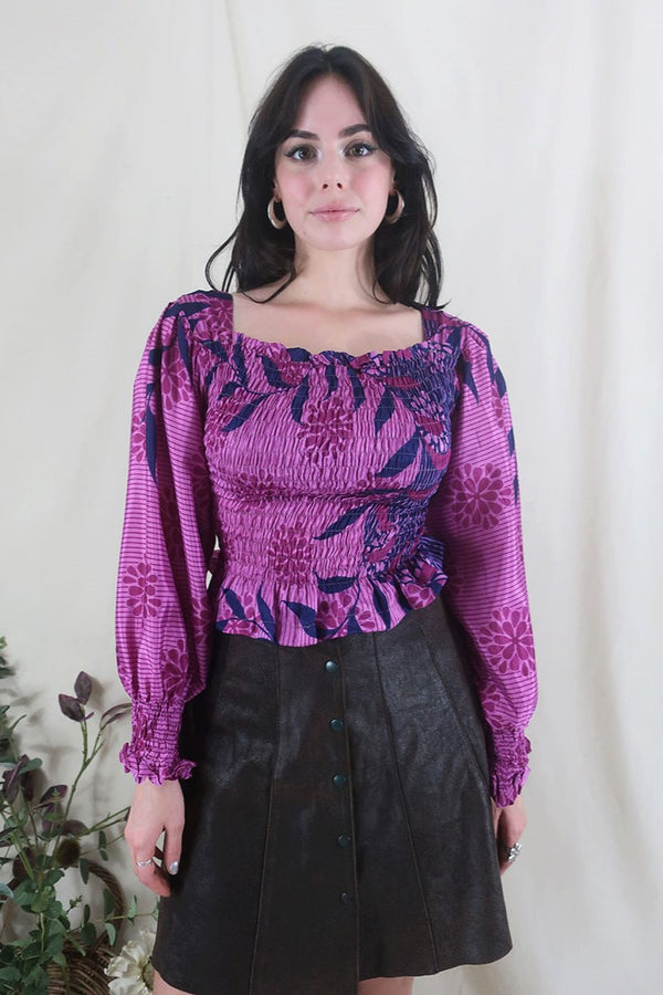 Pearl Top - Vintage Sari - Berry Pink & Indigo Floral - XS - S