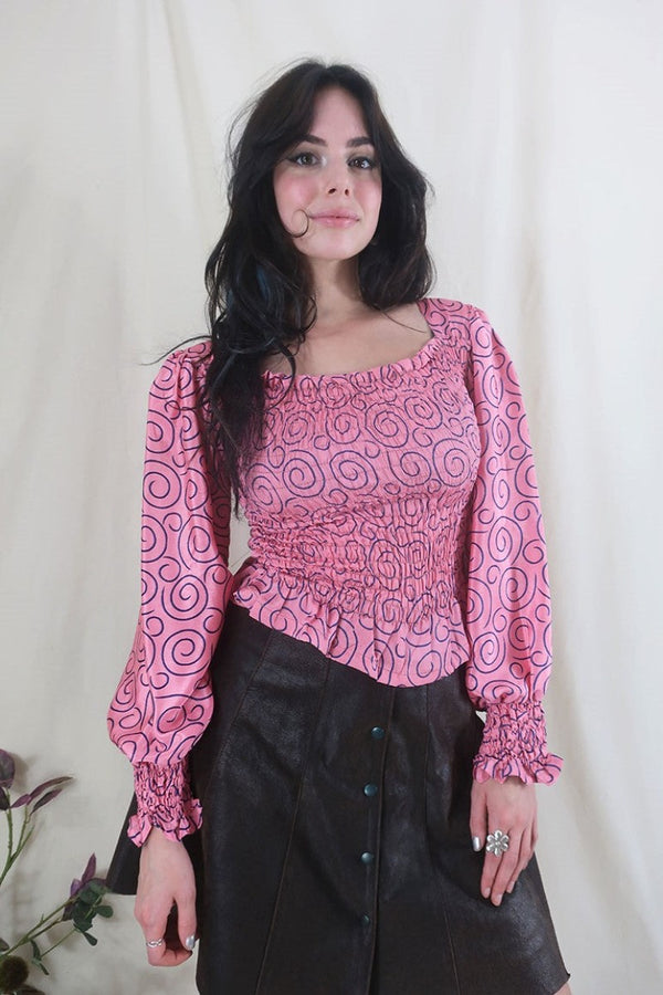 Pearl Top - Vintage Sari -Cherry Pink Swirls - XS - S By All About Audrey