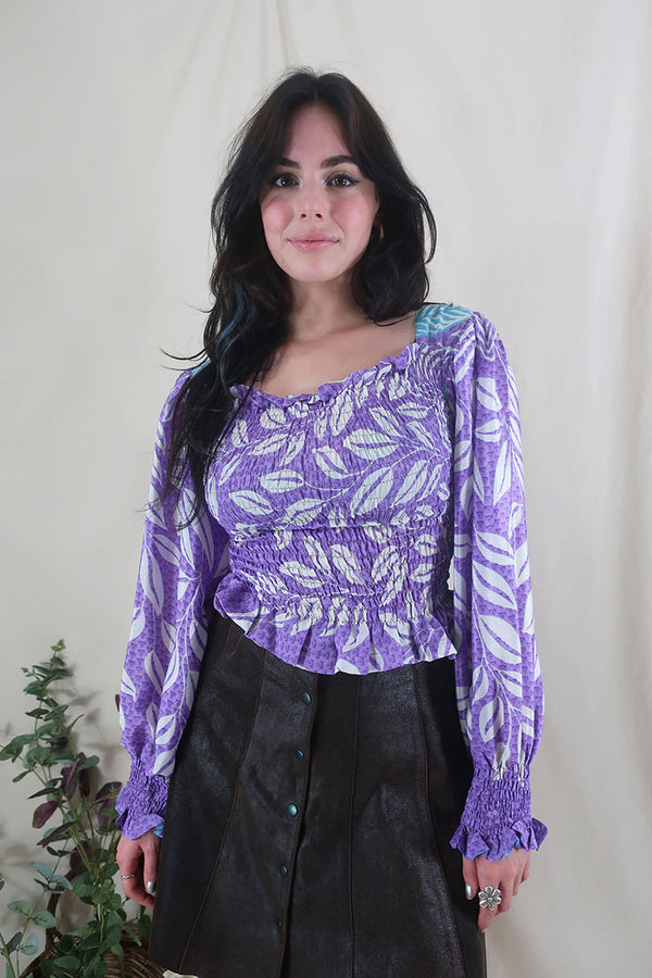 Pearl Top - Vintage Sari - Soft Lilac Leaves - XS - S By All About Audrey