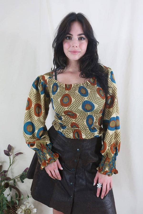 SALE Pearl Top - Vintage Sari - Earthy Retro Mod Print - XS - S All About Audrey