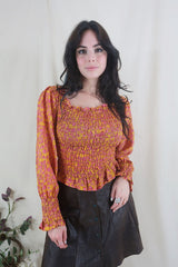 Pearl Top - Vintage Sari - Sun Yellow & Pink Abstract - XS - S By All About Audrey