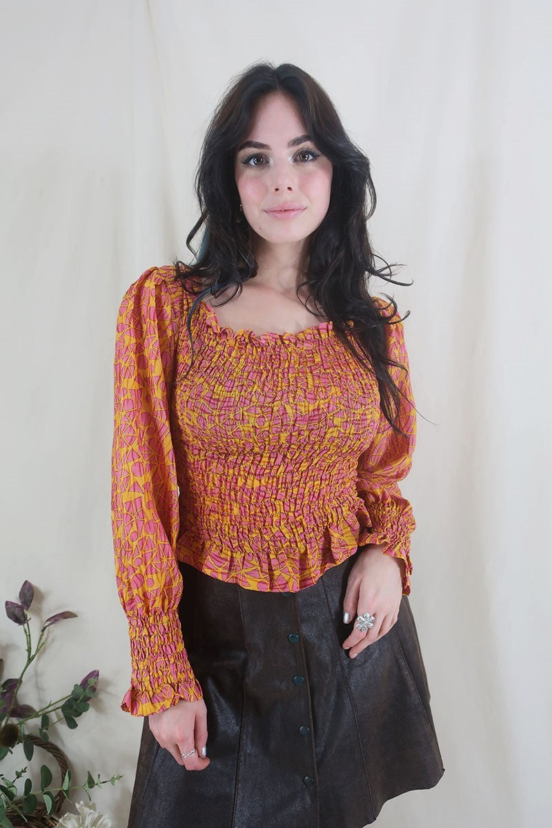 Pearl Top - Vintage Sari - Sun Yellow & Pink Abstract - XS - S By All About Audrey
