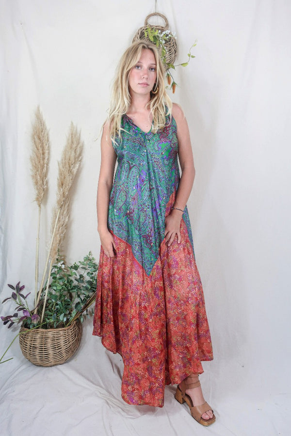 Siren Maxi Dress - Paprika and Parakeet Paisley Forrest - Vintage Indian Silk - M/L