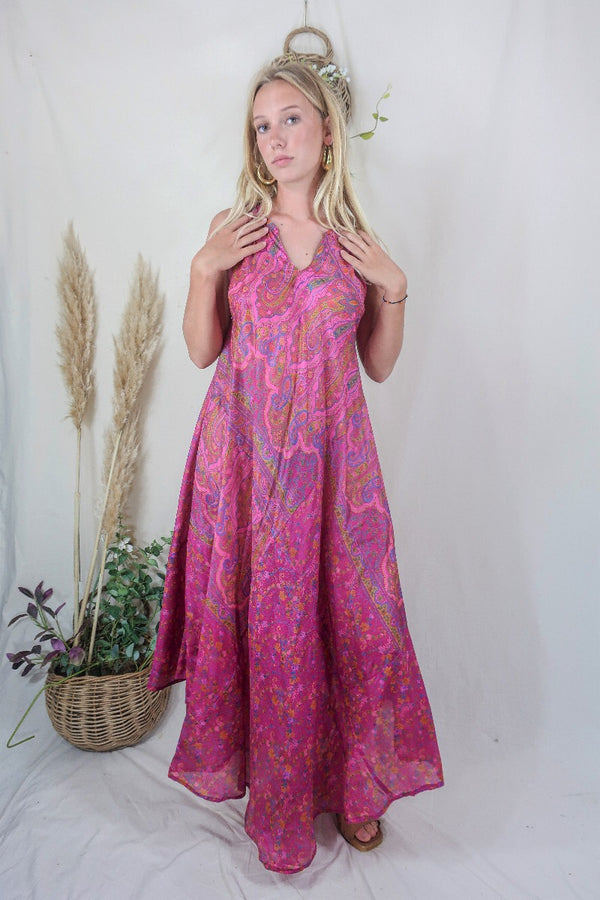 Siren Maxi Dress - Fuchsia and Ochre Intricate Ikat- Vintage Indian Silk - M/L