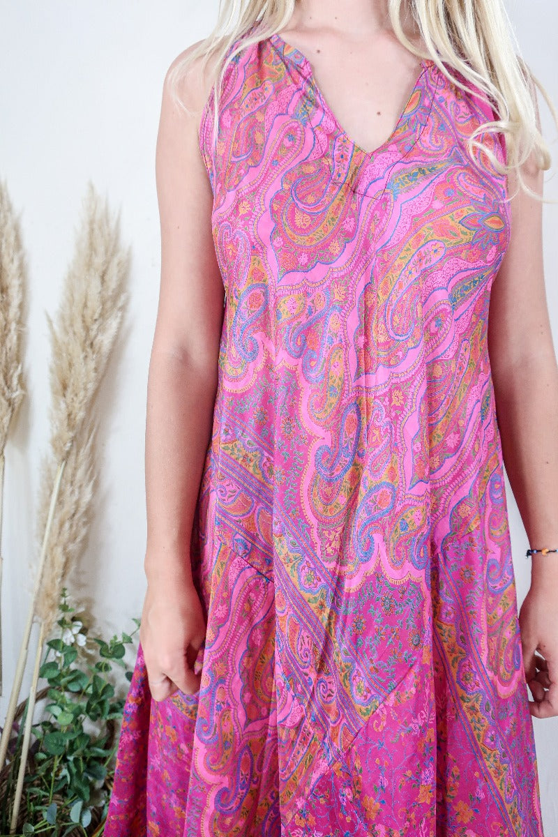 Siren Maxi Dress - Fuchsia and Ochre Intricate Ikat- Vintage Indian Silk - M/L