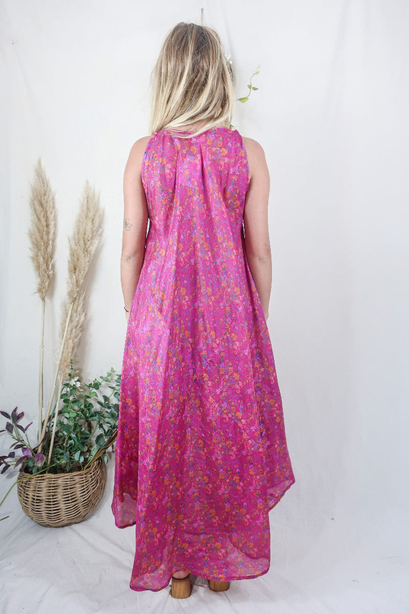 Siren Maxi Dress - Fuchsia and Ochre Intricate Ikat- Vintage Indian Silk - M/L