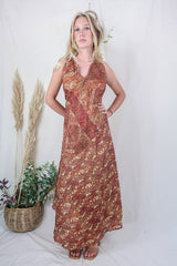 Siren Maxi Dress - Saffron and Lemon Ornate Paisley - Vintage Indian Silk - L