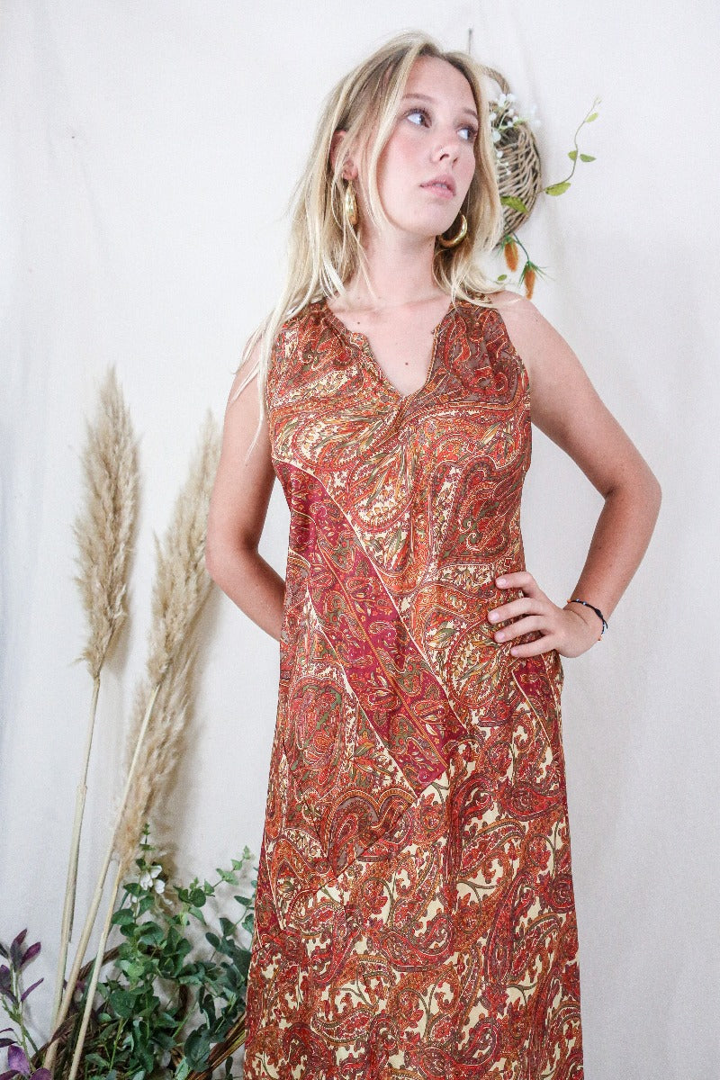 Siren Maxi Dress - Saffron and Lemon Ornate Paisley - Vintage Indian Silk - L