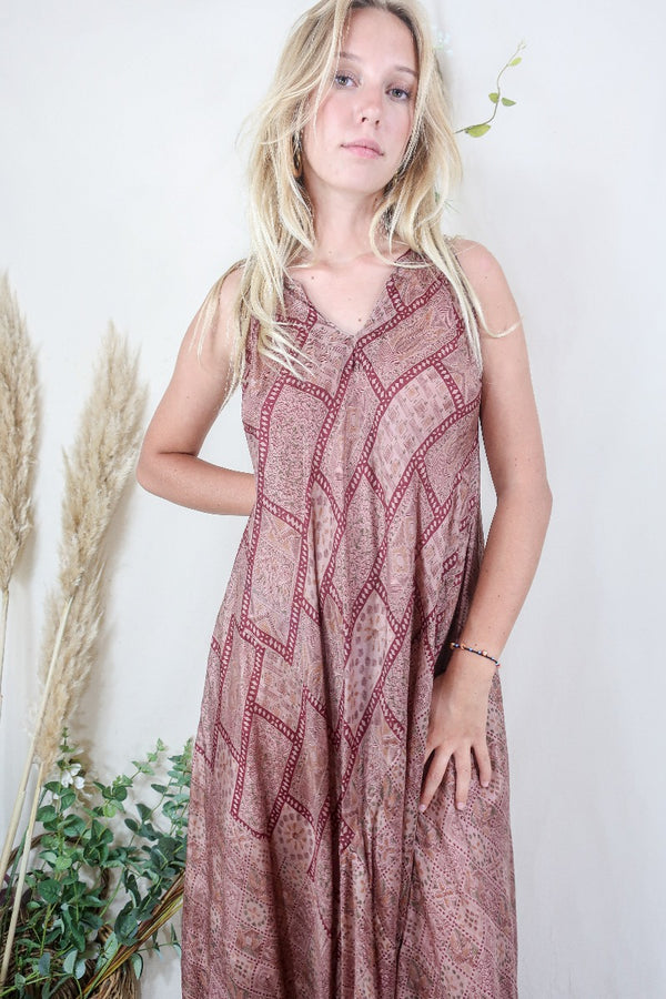 Siren Maxi Dress - Mulberry and Mauve Fields - Vintage Indian Silk - M/L
