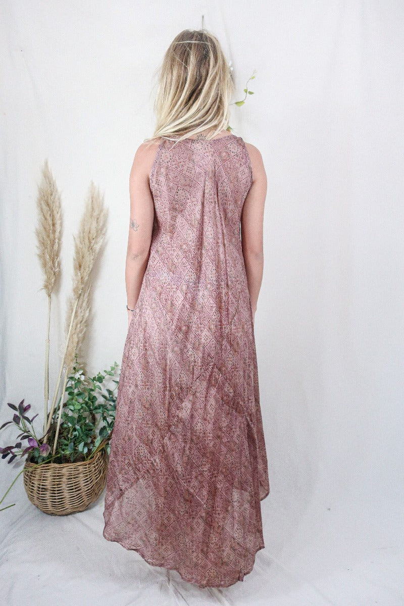 Siren Maxi Dress - Mulberry and Mauve Fields - Vintage Indian Silk - M/L