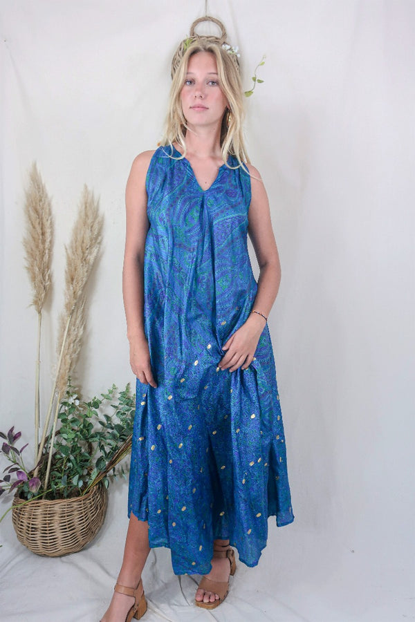 Siren Maxi Dress - Golden Treasure, Ocean Teal and Seagrass Green Intricate Paisley - Vintage Indian Silk - M/L