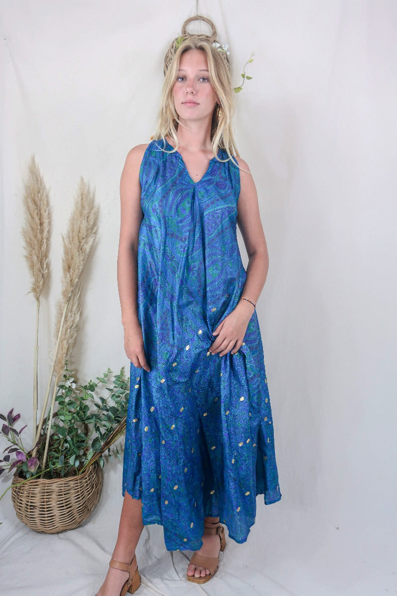 Siren Maxi Dress - Golden Treasure, Ocean Teal and Seagrass Green Intricate Paisley - Vintage Indian Silk - M/L