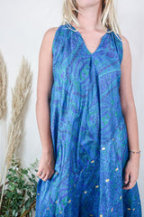 Siren Maxi Dress - Golden Treasure, Ocean Teal and Seagrass Green Intricate Paisley - Vintage Indian Silk - M/L