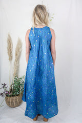 Siren Maxi Dress - Golden Treasure, Ocean Teal and Seagrass Green Intricate Paisley - Vintage Indian Silk - M/L