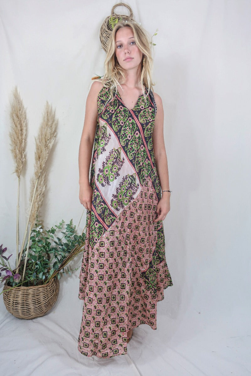 Siren Maxi Dress - Taupe and Midnight Block Print Floral Ikat - Vintage Indian Silk - M/L