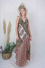 Siren Maxi Dress - Taupe and Midnight Block Print Floral Ikat - Vintage Indian Silk - M/L