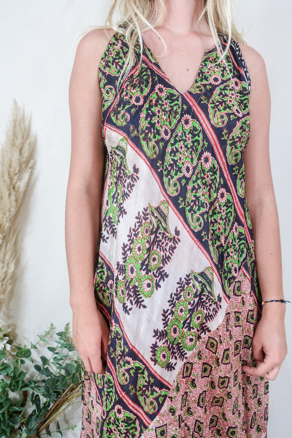 Siren Maxi Dress - Taupe and Midnight Block Print Floral Ikat - Vintage Indian Silk - M/L