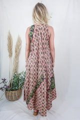 Siren Maxi Dress - Taupe and Midnight Block Print Floral Ikat - Vintage Indian Silk - M/L