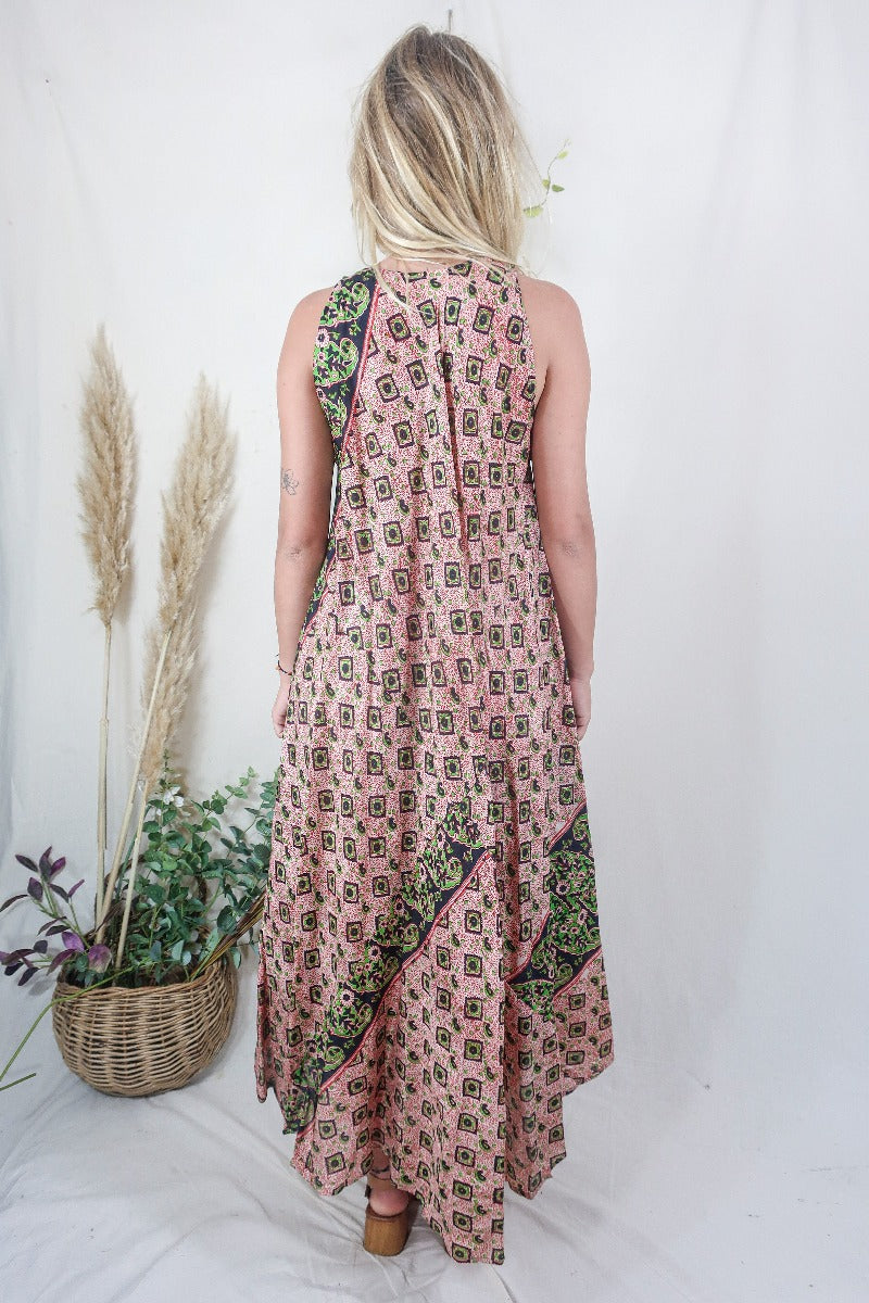 Siren Maxi Dress - Taupe and Midnight Block Print Floral Ikat - Vintage Indian Silk - M/L