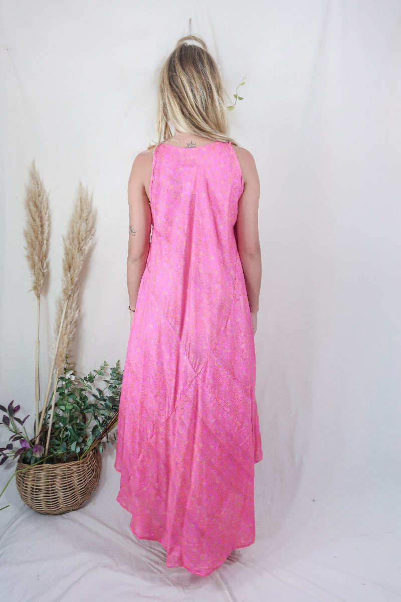 Siren Maxi Dress - Barbara Pink Paisley Maze - Vintage Indian Silk - M/L