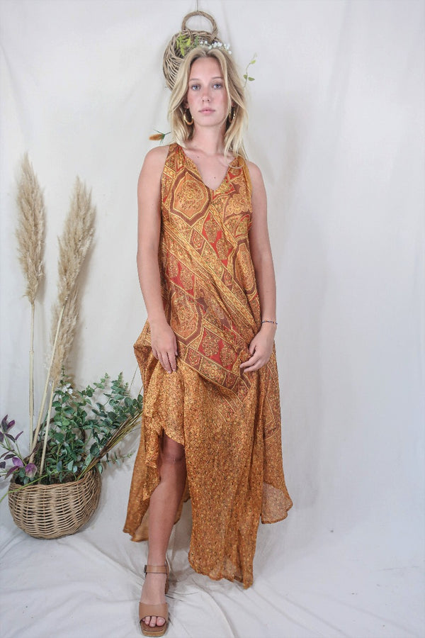 Siren Maxi Dress - Honey Suckle and Cinnamon Ornate Motif - Vintage Indian Silk - M/L