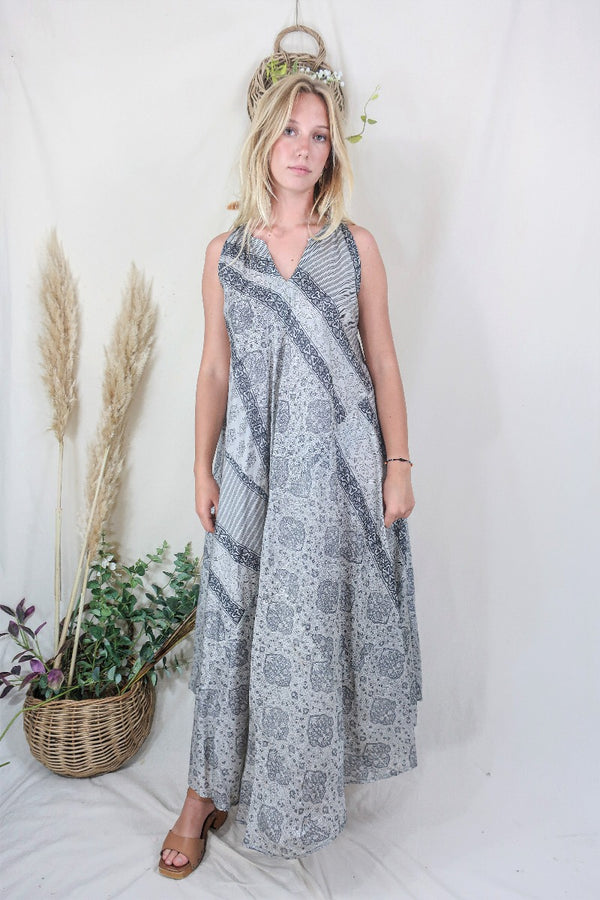 Siren Maxi Dress -  Slate and Ice Mandala Motif - Vintage Indian Silk - M/L