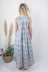 Siren Maxi Dress -  Slate and Ice Mandala Motif - Vintage Indian Silk - M/L