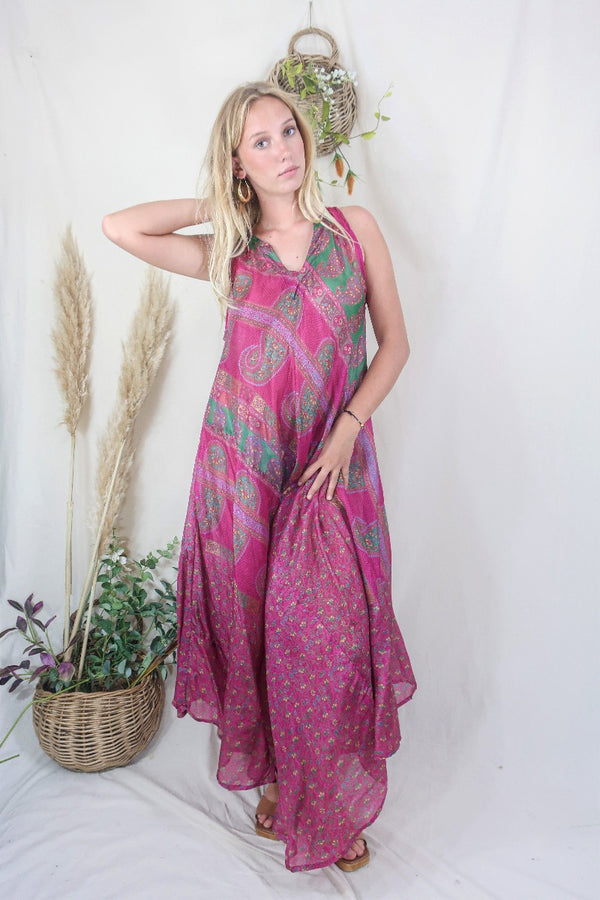 Siren Maxi Dress - Magenta and Moss Chevron Paisley - Vintage Indian Silk - M/L