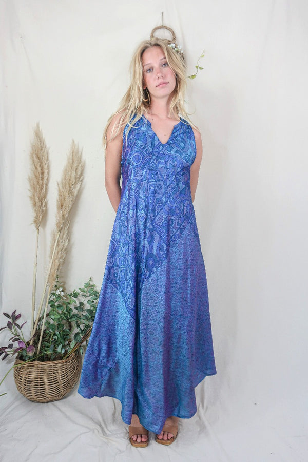Siren Maxi Dress - Iridescent Tiled Atlantis - Vintage Indian Silk - L