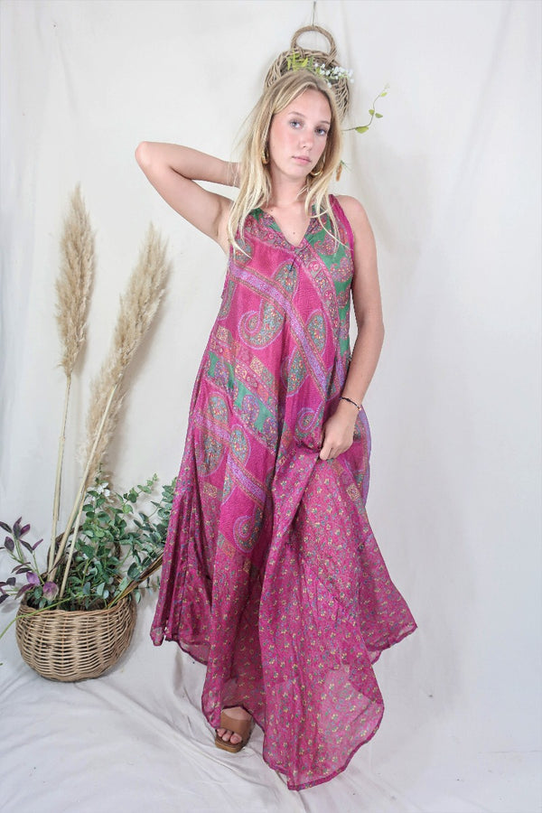 Siren Maxi Dress - Magenta and Moss Chevron Paisley - Vintage Indian Silk - M/L