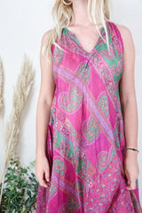 Siren Maxi Dress - Magenta and Moss Chevron Paisley - Vintage Indian Silk - M/L