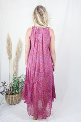 Siren Maxi Dress - Magenta and Moss Chevron Paisley - Vintage Indian Silk - M/L