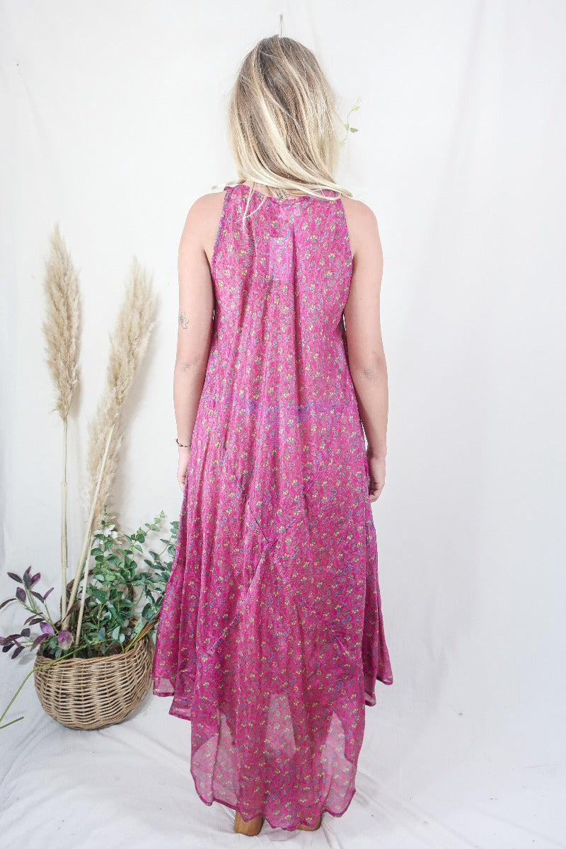 Siren Maxi Dress - Magenta and Moss Chevron Paisley - Vintage Indian Silk - M/L