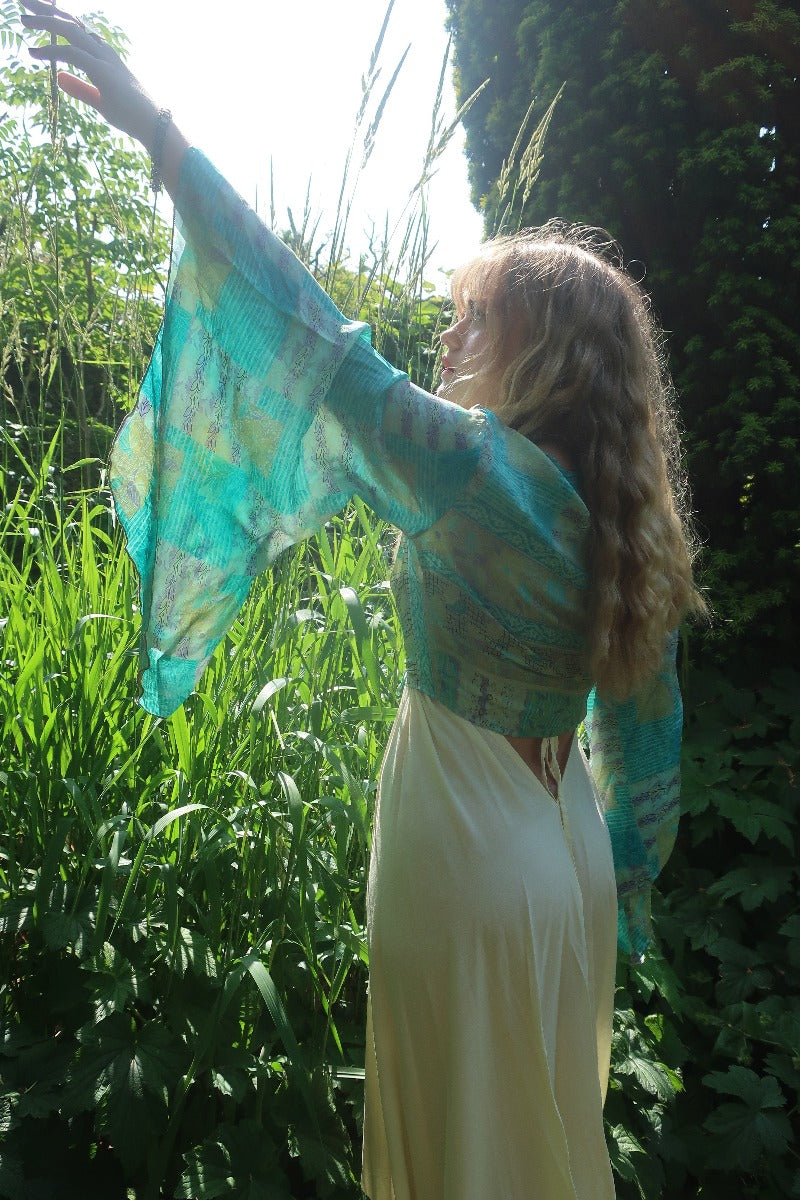Gemini Wrap Top - Blue Romance Patchwork Floral - Pure Silk Sari - Size S/M By All About Audrey