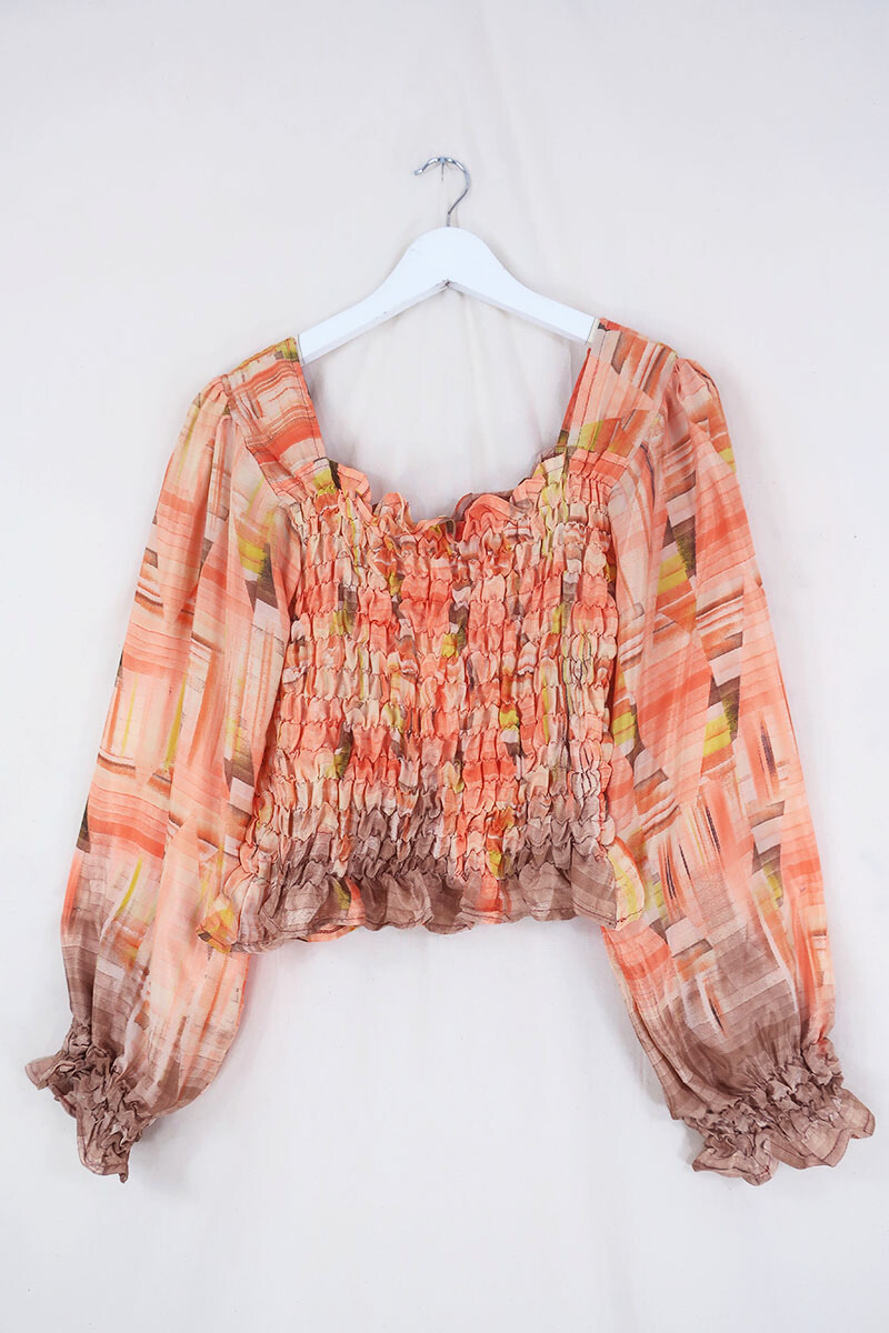 Pearl Top - Vintage Sari - Stained Glass Coral Orange - S - M/L By All About Audrey