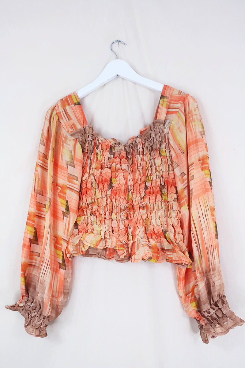 Pearl Top - Vintage Sari - Stained Glass Coral Orange - S - M/L By All About Audrey