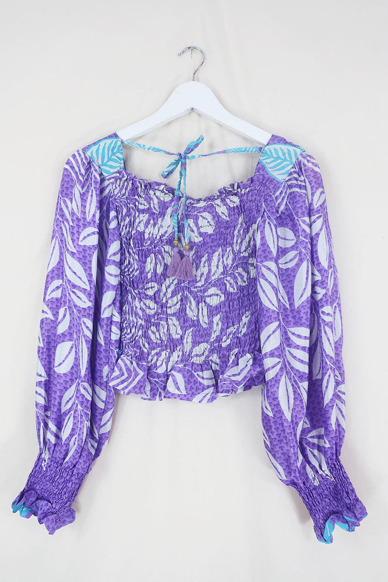 Pearl Top - Vintage Sari - Soft Lilac Leaves - XS - S By All About Audrey