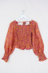Pearl Top - Vintage Sari - Sun Yellow & Pink Abstract - XS - S By All About Audrey