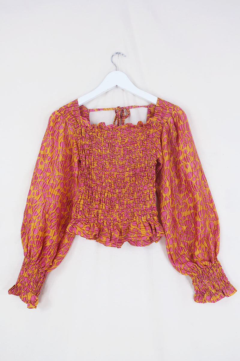 Pearl Top - Vintage Sari - Sun Yellow & Pink Abstract - XS - S By All About Audrey